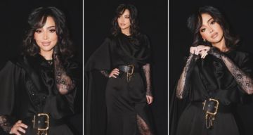  شرطة_الموضة: بسمة بوسيل بقفطان من الستان وحزام من schiaparelli سعره 141 ألف جنيه في سحور بدبي