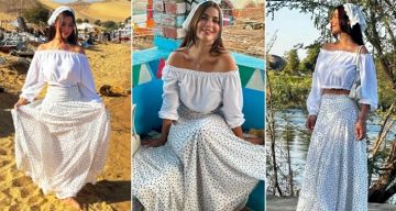 رانيا منصور بكروب توب وجيب Polka Dots في رحلة نيلية بأسوان