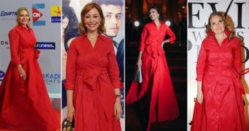 شرطة_الموضة: أربع نجمات بنفس الفستان ... يسرا وأمل بوشوشة ومنة شلبي وليلى علوي بفستان من Carolina ...