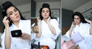 ميرهان حسين تداعب الكاميرا في جلسة تصوير من كواليس حفل افتتاح مهرجان هوليوود للفيلم العربي