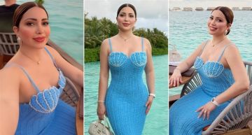 نسرين طافش بفستان كروشيه على شكل صدفة من منطقة الصدر ومزين باللؤلؤ في أحدث صورها من المالديف