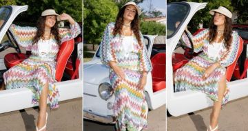 شرطة_الموضة: هند صبري بفستان البحر بفتحة عنق على شكل V ونقشة الزجزاج من Missoni سعره 88 ألف ...