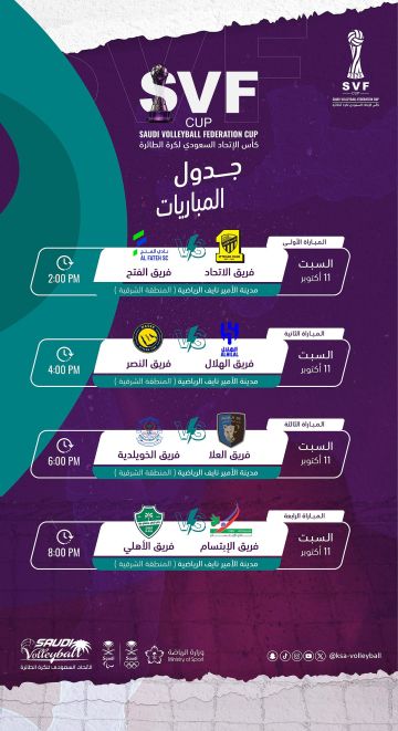 غدا في القطيف.. 4 مواجهات نارية في ربع نهائي كأس الاتحاد السعودي للطائرة غدا في القطيف.. 4 مواجهات نارية في ربع نهائي كأس الاتحاد السعودي للطائرة