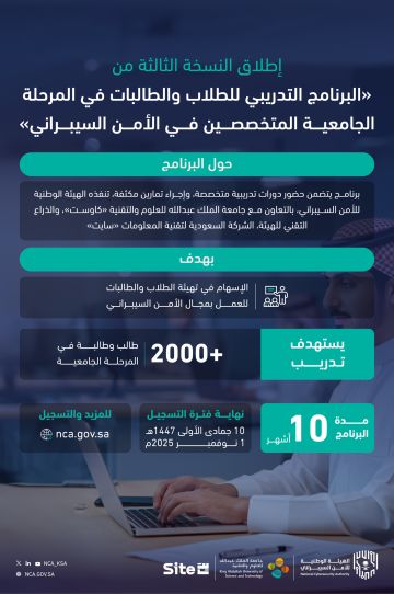 إطلاق النسخة الثالثة من البرنامج التدريبي للطلاب والطالبات في المرحلة الجامعية المتخصصين في الأمن السيبراني  إطلاق النسخة الثالثة من البرنامج التدريبي للطلاب والطالبات في المرحلة الجامعية المتخصصين في الأمن السيبراني