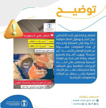 الأرصاد ينفي صحة مقطع متداول حول توقع أمطار متواصلة لمدة 45 يوما على المملكة الأرصاد ينفي صحة مقطع متداول حول توقع أمطار متواصلة لمدة 45 يوما على المملكة