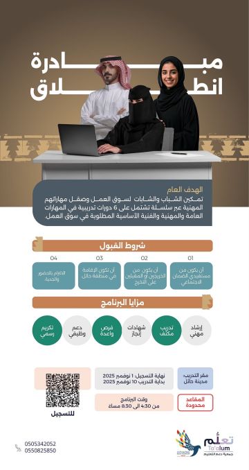 جمعية تعلم تطلق مبادرة انطلاق لتمكين أبناء الضمان الاجتماعي في حائل