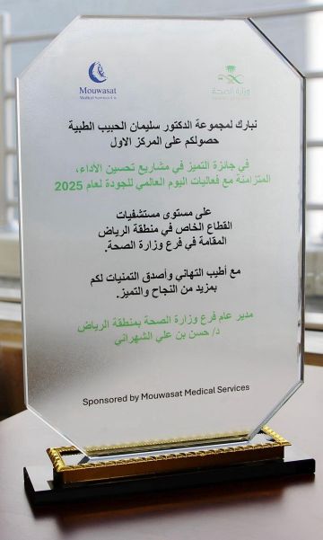 مستشفى الدكتور سليمان الحبيب بالريان يحصد المركز الأول في جوائز التميز لتحسين الأداء من وزارة الصحة