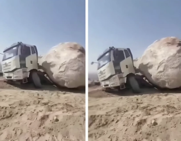 بالفيديو.. صخرة ضخمة تهوي على شاحنة في جبال مكة ونجاة سائقها بمعجزة
