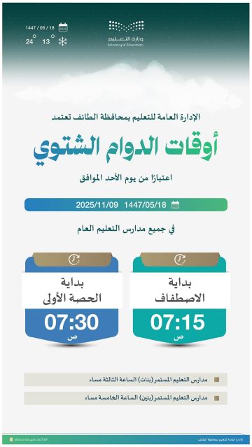 تعليم الطائف يعتمد الدوام الشتوي بدءا من الأحد المقبل