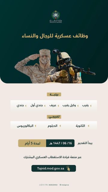 وزارة الدفاع تعلن فتح التقديم على وظائف عسكرية للرجال والنساء من الأحد المقبل وزارة الدفاع تعلن فتح التقديم على وظائف عسكرية للرجال والنساء من الأحد المقبل