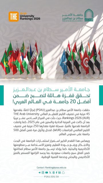 جامعة الأمير سطام تقفز 45 مرتبة عربيا وتدخل قائمة أفضل 500 جامعة عالميا في تصنيف التايمز