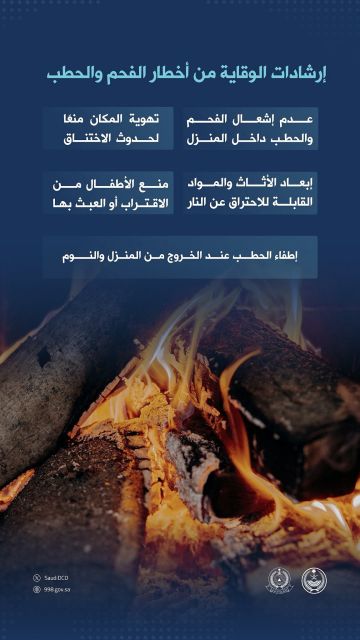 الدفاع المدني يحذر من 5 مخاطر قاتلة لاستخدام الفحم والحطب داخل المنازل