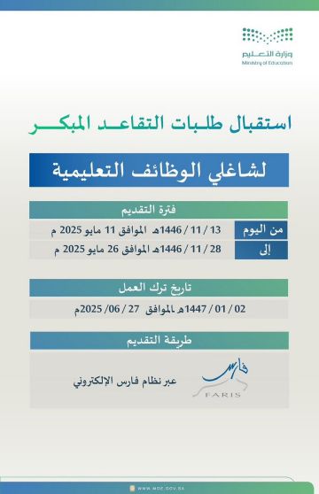 عبر نظام فارس .. بدء استقبال طلبات التقاعد المبكر لشاغلي الوظائف التعليمية عبر نظام فارس .. بدء استقبال طلبات التقاعد المبكر لشاغلي الوظائف التعليمية