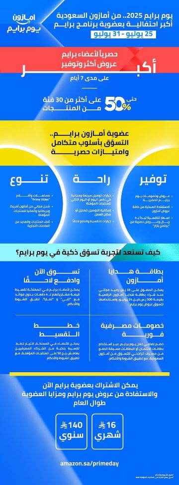 أمازون السعودية تطلق 7 أيام متواصلة من عروض يوم برايم 2025 الحصرية لأعضاء برايم من 25 - 31 يوليو أمازون السعودية تطلق 7 أيام متواصلة من عروض يوم برايم 2025 الحصرية لأعضاء برايم من 25 - 31 يوليو
