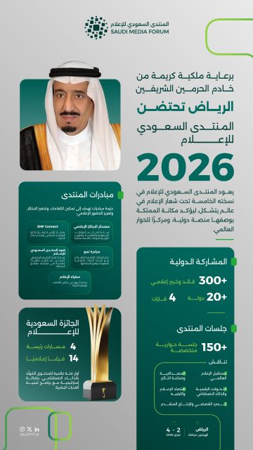 المنتدى السعودي للإعلام 2026.. منصة إعلامية تجسد مكانة المملكة مركزا للإعلام والثقافة والريادة المنتدى السعودي للإعلام 2026.. منصة إعلامية تجسد مكانة المملكة مركزا للإعلام والثقافة والريادة