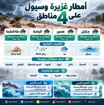 أمطار غزيرة وسيول على 4 مناطق في المملكة أمطار غزيرة وسيول على 4 مناطق في المملكة
