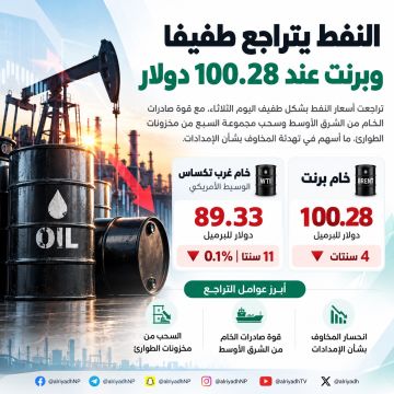 النفط يتراجع طفيفا وبرنت عند 100.28 دولار النفط يتراجع طفيفا وبرنت عند 100.28 دولار