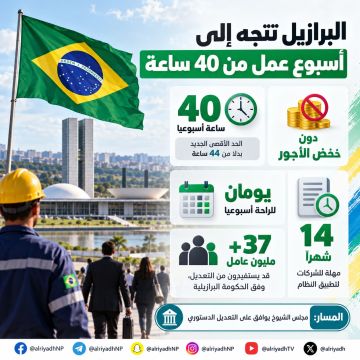 البرازيل تخفض الحد الأقصى لأسبوع العمل من 44 إلى 40 ساعة دون خفض الأجور البرازيل تخفض الحد الأقصى لأسبوع العمل من 44 إلى 40 ساعة دون خفض الأجور
