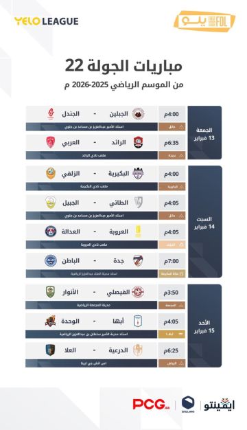 قمة الدرعية والعلا.. انطلاق الجولة 22 من دوري يلو الجمعة قمة الدرعية والعلا.. انطلاق الجولة 22 من دوري يلو الجمعة
