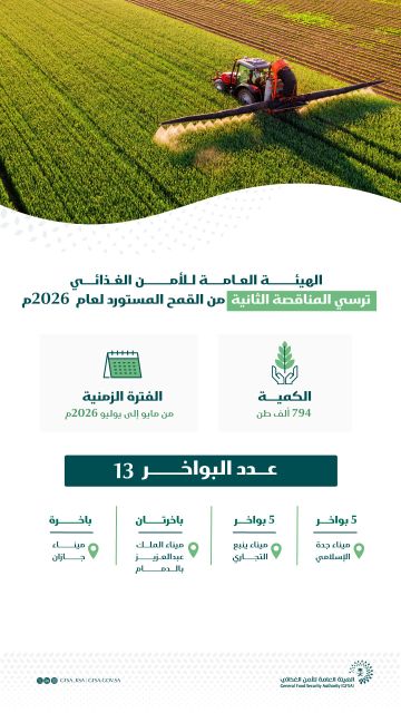 هيئة الأمن الغذائي ترسي الدفعة الثانية من القمح المستورد هذا العام