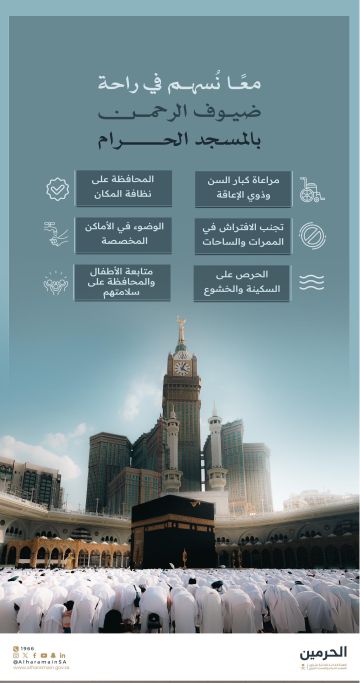 هيئة العناية بالحرمين تواصل تعزيز الرسائل التوعوية لرفع مستوى راحة وسلامة قاصدي المسجد الحرام هيئة العناية بالحرمين تواصل تعزيز الرسائل التوعوية لرفع مستوى راحة وسلامة قاصدي المسجد الحرام
