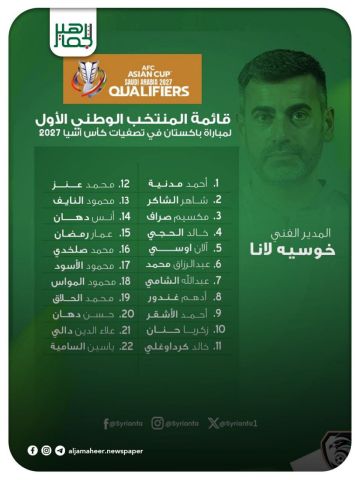 قائمة المنتخب الوطني الأول لكرة القدم التي اختارها المدير الفني خوسيه لانا، لمباراة باكستان ضمن الجولة الخامسة من تصفيات كأس آسيا السعودية 2027 قائمة المنتخب الوطني الأول لكرة القدم التي اختارها المدير الفني خوسيه لانا، لمباراة باكستان ضمن الجولة الخامسة من تصفيات كأس آسيا السعودية 2027