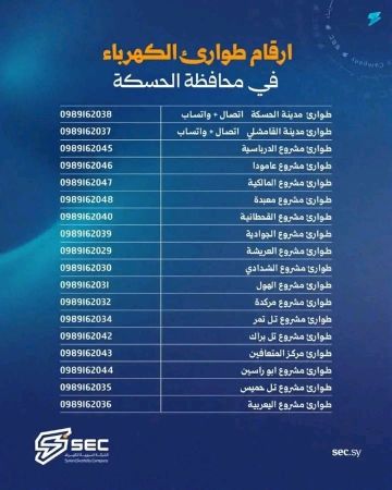 كهرباء الحسكة تعلن أرقام الطوارئ لاستقبال بلاغات الأعطال كهرباء الحسكة تعلن أرقام الطوارئ لاستقبال بلاغات الأعطال