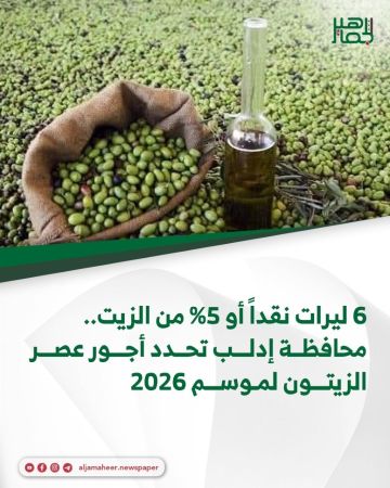 6 ليرات نقدا أو 5 من الزيت.. محافظة إدلب تحدد أجور عصر الزيتون لموسم 2026 6 ليرات نقدا أو 5 من الزيت.. محافظة إدلب تحدد أجور عصر الزيتون لموسم 2026