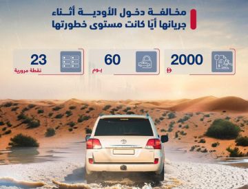 شرطة أبوظبي: 2000 درهم غرامة وحجز المركبة 60 يوما مخالفة دخول الأودية أثناء جريانها