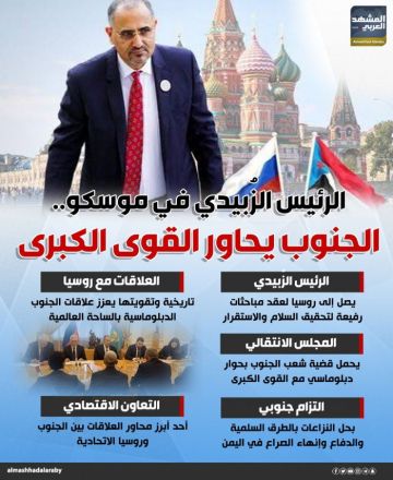 الرئيس الزبيدي في موسكو.. الجنوب يحاور القوى الكبرى (إنفوجراف) الرئيس الزبيدي في موسكو.. الجنوب يحاور القوى الكبرى (إنفوجراف)