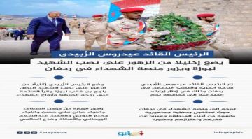 الرئيس الزبيدي يضع إكليلا من الزهور على النصب التذكاري للشهيد لبوزة.. انفوجرافيك الرئيس الزبيدي يضع إكليلا من الزهور على النصب التذكاري للشهيد لبوزة.. انفوجرافيك