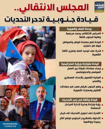 المجلس الانتقالي.. قيادة جنوبية تدحر التحديات (إنفوجراف) المجلس الانتقالي.. قيادة جنوبية تدحر التحديات (إنفوجراف)