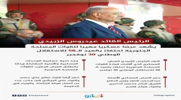 الرئيس الزبيدي يشهد عرضا عسكريا مهيبا للقوات المسلحة الجنوبية احتفاء بالعيد الـ58 للاستقلال الوطني 30 نوفمبر..انفوجرافيك الرئيس الزبيدي يشهد عرضا عسكريا مهيبا للقوات المسلحة الجنوبية احتفاء بالعيد الـ58 للاستقلال الوطني 30 نوفمبر..انفوجرافيك