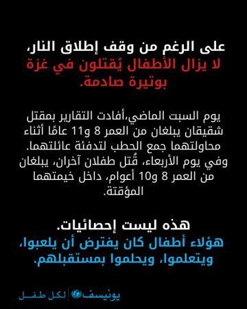  يونيسف : مقتل أكثر من 70 طفلا منذ إعلان وقف إطلاق النار في غزة