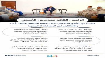 الرئيس الزبيدي يبحث مع الشيخ البركاني سبل تضافر الجهود لتعزيز الأمن والاستقرار في المحافظات المحررة..انفوجراف الرئيس الزبيدي يبحث مع الشيخ البركاني سبل تضافر الجهود لتعزيز الأمن والاستقرار في المحافظات المحررة..انفوجراف