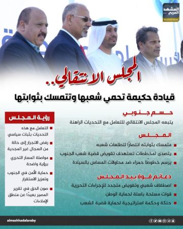 المجلس الانتقالي.. قيادة حكيمة تحمي شعبها وتتمسك بثوابتها (إنفوجراف) المجلس الانتقالي.. قيادة حكيمة تحمي شعبها وتتمسك بثوابتها (إنفوجراف)