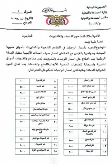 مكتب الصناعة بالمهرة يحدد أسعار الوجبات في المطاعم الشعبية