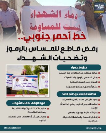 خط أحمر جنوبي.. رفض قاطع للمساس بالرموز وتضحيات الشهداء (إنفوجراف) خط أحمر جنوبي.. رفض قاطع للمساس بالرموز وتضحيات الشهداء (إنفوجراف)