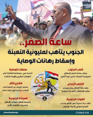 ساعة الصفر.. الجنوب يتأهب لمليونية التعبئة وإسقاط رهانات الوصاية (إنفوجراف) ساعة الصفر.. الجنوب يتأهب لمليونية التعبئة وإسقاط رهانات الوصاية (إنفوجراف)