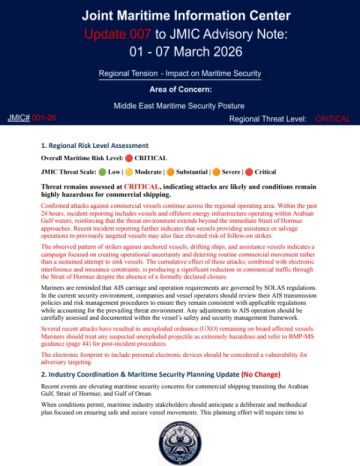 مركز المعلومات البحرية: مستوى تهديد الملاحة البحرية في الشرق الأوسط حرجا