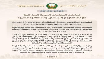 الإمارات تتصدى لـ 20 صاروخا باليستيا و37 طائرة مسيرة إيرانية الإمارات تتصدى لـ 20 صاروخا باليستيا و37 طائرة مسيرة إيرانية