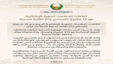 الدفاعات الجوية الإماراتية تتصدى لـ15 صاروخا باليستيا و11 طائرة مسيرة إيرانية