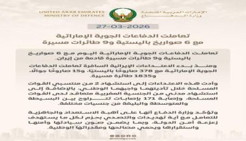 الإمارات تعترض 6 صواريخ باليستية و9 طائرات مسيرة