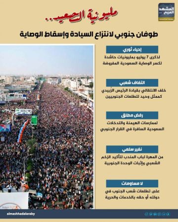 مليونية التصعيد.. طوفان جنوبي لانتزاع السيادة وإسقاط الوصاية (إنفوجراف) مليونية التصعيد.. طوفان جنوبي لانتزاع السيادة وإسقاط الوصاية (إنفوجراف)