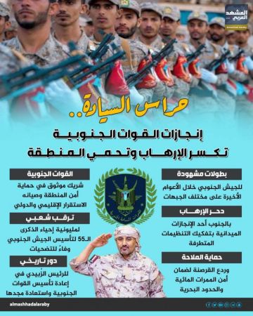 حراس السيادة.. إنجازات القوات الجنوبية تكسر الإرهاب وتحمي المنطقة (إنفوجراف) حراس السيادة.. إنجازات القوات الجنوبية تكسر الإرهاب وتحمي المنطقة (إنفوجراف)