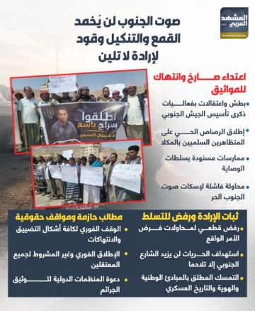 صوت الجنوب لن يخمد.. القمع والتنكيل وقود لإرادة لا تلين (إنفوجراف) صوت الجنوب لن يخمد.. القمع والتنكيل وقود لإرادة لا تلين (إنفوجراف)
