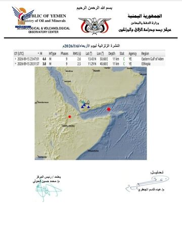 هزة أرضية بقوة 4.4 درجة على مقياس ريختر شرق خليج عدن هزة أرضية بقوة 4.4 درجة على مقياس ريختر شرق خليج عدن