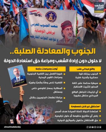 الجنوب والمعادلة الصلبة.. لا حلول دون إرادة شعب ومراعاة حق استعادة الدولة (إنفوجراف) الجنوب والمعادلة الصلبة.. لا حلول دون إرادة شعب ومراعاة حق استعادة الدولة (إنفوجراف)